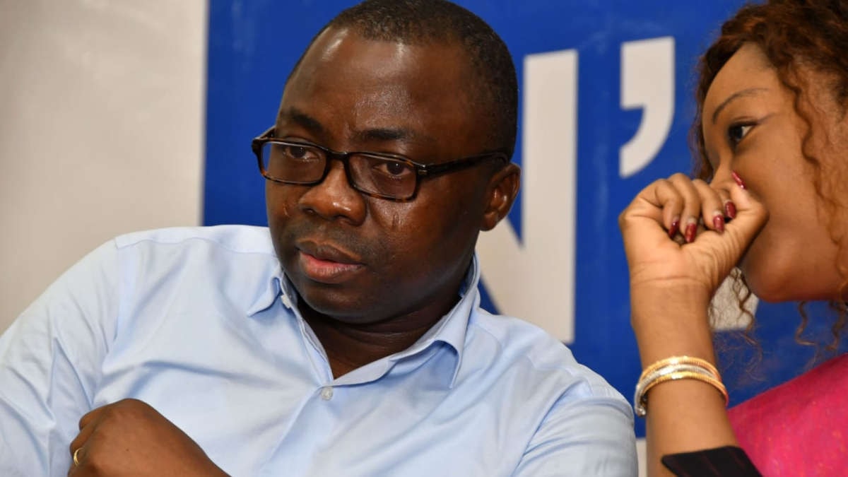 Les opposants Joël Aïvo et Reckya Madougou lors d'un meeting à Porto-Novo en mars 2021