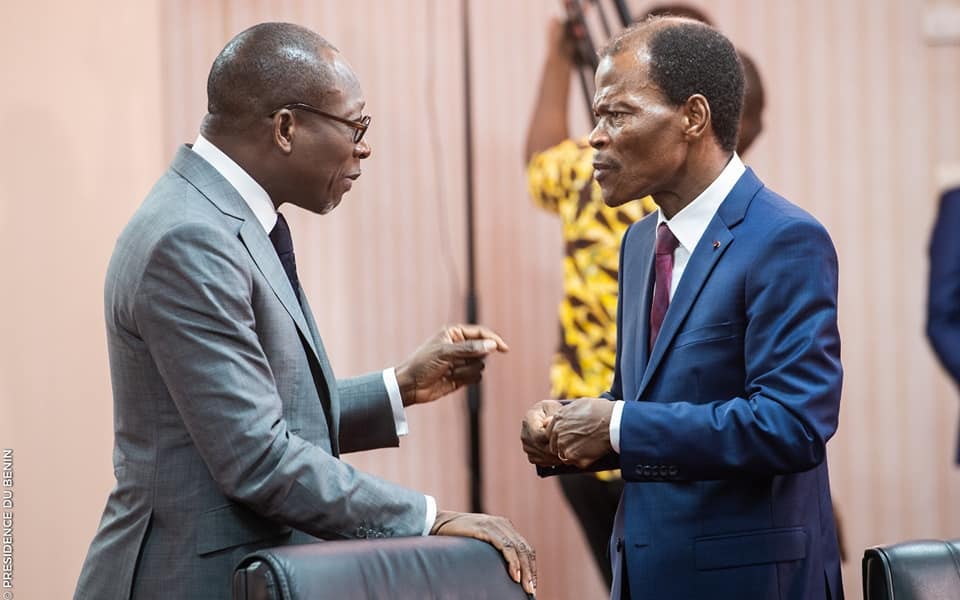 Le chef de l'Etat, Patrice Talon et l'opposant Candide Azannai lors d'une rencontre en 2019